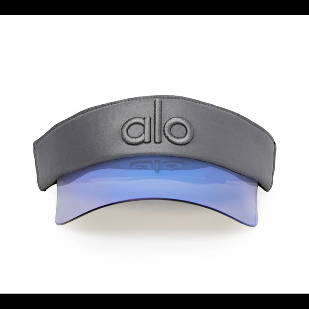 Alo yoga sun visor in silver and blue.